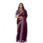 Generic Women's Faux Shimmer Floral Embroidery Ready to wear Saree With Unstitched Blouse 5.5Mtr (Maroon)