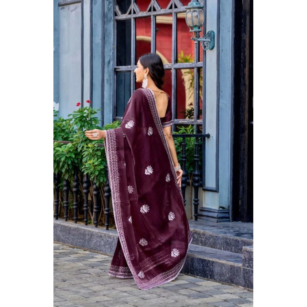 Generic Women's Faux Shimmer Floral Embroidery Ready to wear Saree With Unstitched Blouse 5.5Mtr (Maroon)