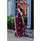 Generic Women's Faux Shimmer Floral Embroidery Ready to wear Saree With Unstitched Blouse 5.5Mtr (Maroon)