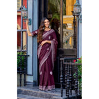 Generic Women's Faux Shimmer Floral Embroidery Ready to wear Saree With Unstitched Blouse 5.5Mtr (Maroon)