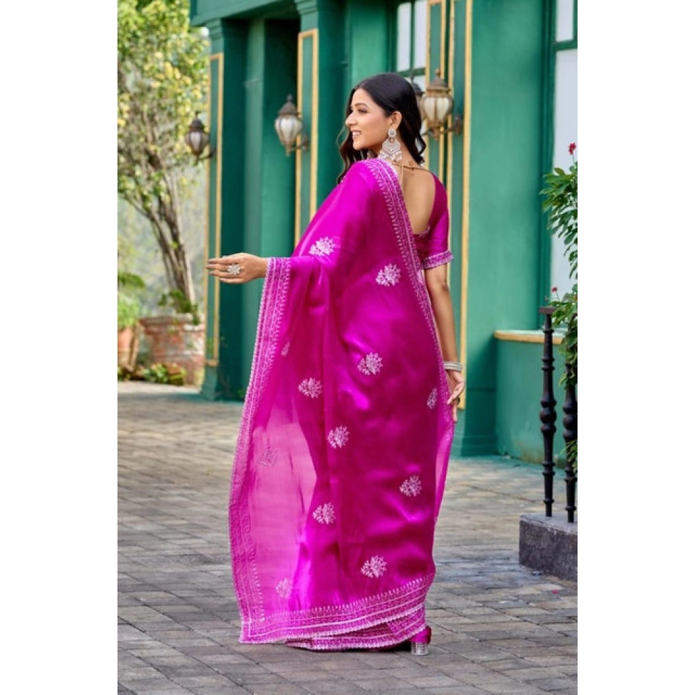 Generic Women's Faux Shimmer Floral Embroidery Ready to wear Saree With Unstitched Blouse 5.5Mtr (Pink)