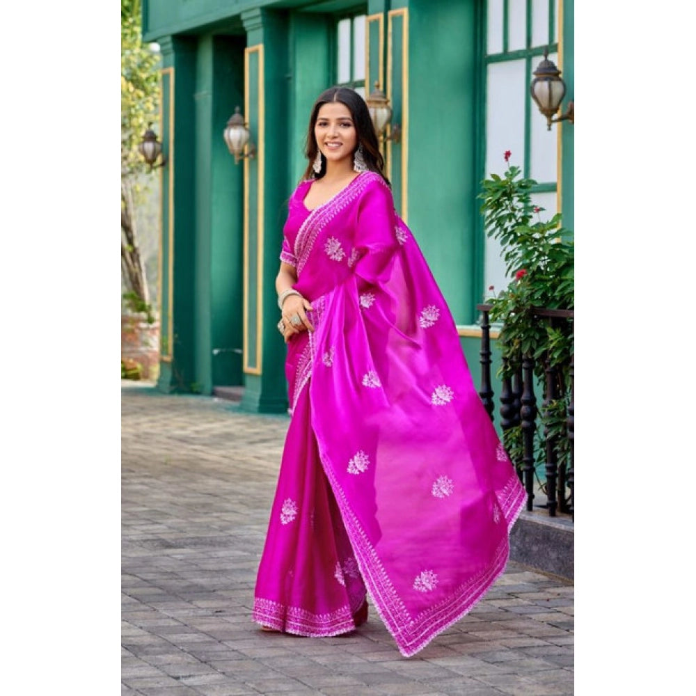 Generic Women's Faux Shimmer Floral Embroidery Ready to wear Saree With Unstitched Blouse 5.5Mtr (Pink)