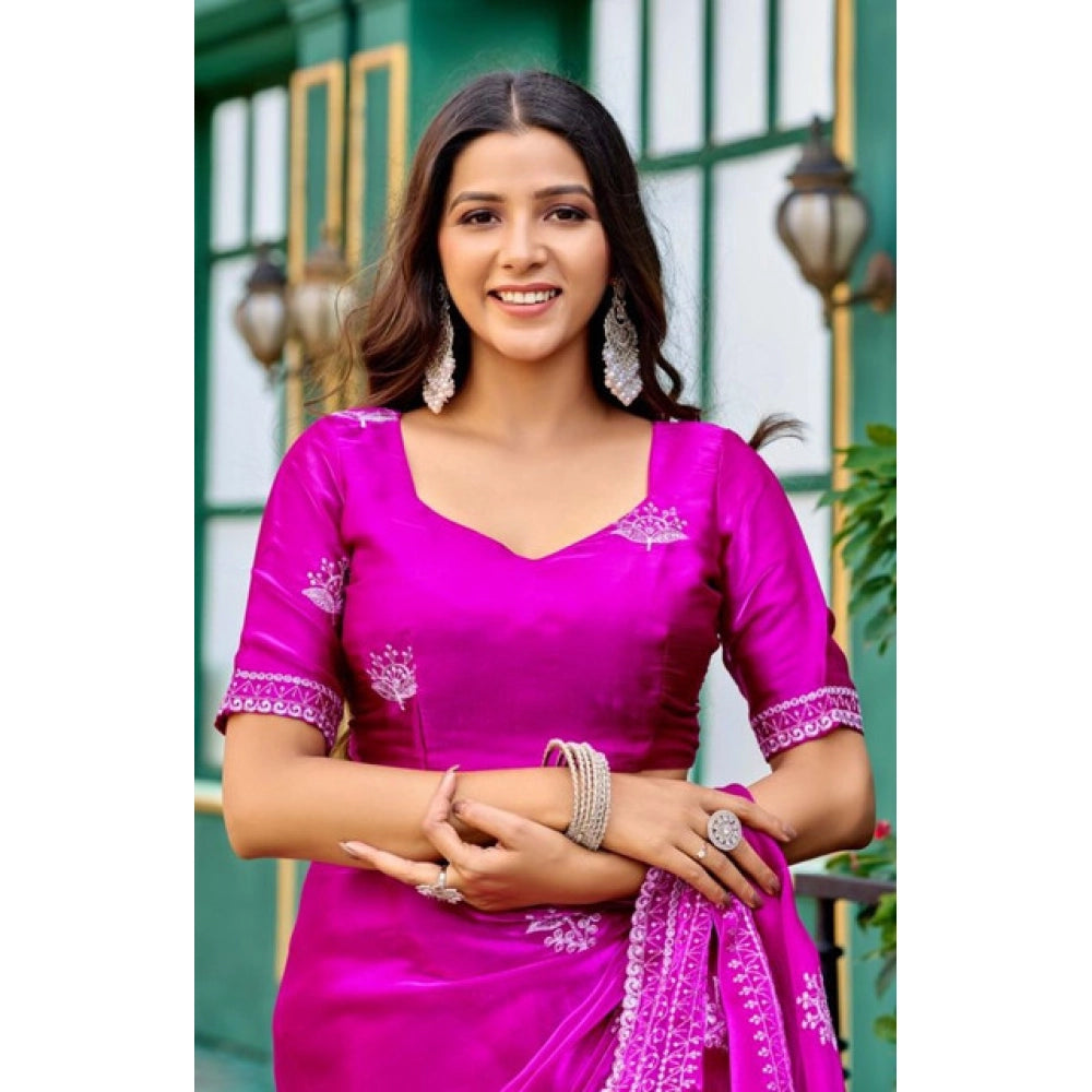 Generic Women's Faux Shimmer Floral Embroidery Ready to wear Saree With Unstitched Blouse 5.5Mtr (Pink)