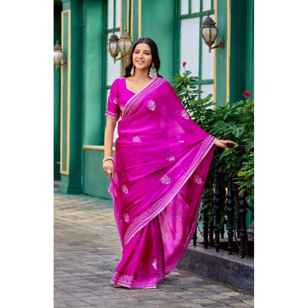 Generic Women's Faux Shimmer Floral Embroidery Ready to wear Saree With Unstitched Blouse 5.5Mtr (Pink)
