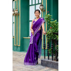 Generic Women's Faux Shimmer Floral Embroidery Ready to wear Saree With Unstitched Blouse 5.5Mtr (Purple)