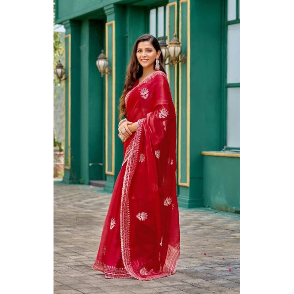 Generic Women's Faux Shimmer Floral Embroidery Ready to wear Saree With Unstitched Blouse 5.5Mtr (Red)