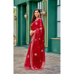 Generic Women's Faux Shimmer Floral Embroidery Ready to wear Saree With Unstitched Blouse 5.5Mtr (Red)