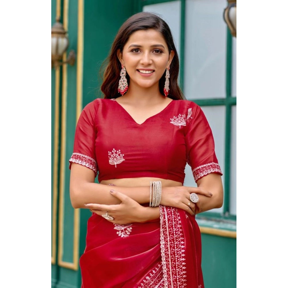 Generic Women's Faux Shimmer Floral Embroidery Ready to wear Saree With Unstitched Blouse 5.5Mtr (Red)