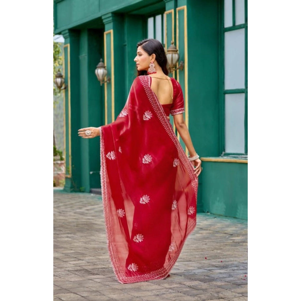 Generic Women's Faux Shimmer Floral Embroidery Ready to wear Saree With Unstitched Blouse 5.5Mtr (Red)