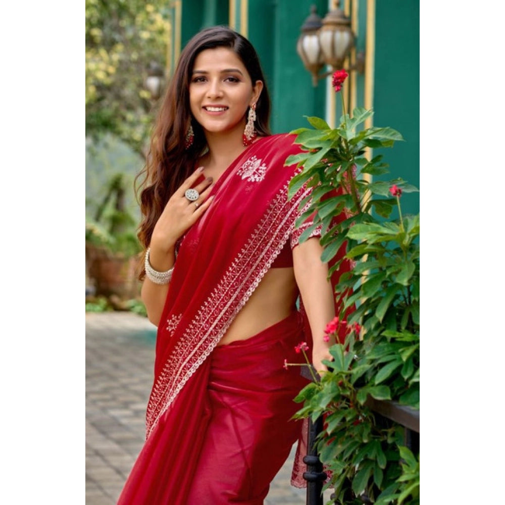 Generic Women's Faux Shimmer Floral Embroidery Ready to wear Saree With Unstitched Blouse 5.5Mtr (Red)
