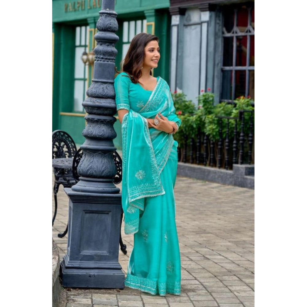 Generic Women's Faux Shimmer Floral Embroidery Ready to wear Saree With Unstitched Blouse 5.5Mtr (Turquoise)