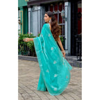 Generic Women's Faux Shimmer Floral Embroidery Ready to wear Saree With Unstitched Blouse 5.5Mtr (Turquoise)