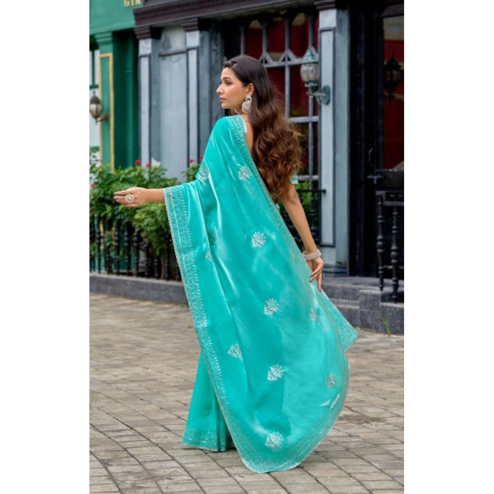 Generic Women's Faux Shimmer Floral Embroidery Ready to wear Saree With Unstitched Blouse 5.5Mtr (Turquoise)