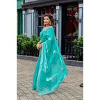 Generic Women's Faux Shimmer Floral Embroidery Ready to wear Saree With Unstitched Blouse 5.5Mtr (Turquoise)
