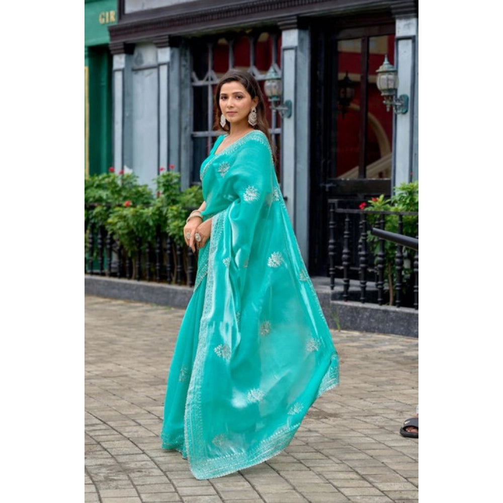 Generic Women's Faux Shimmer Floral Embroidery Ready to wear Saree With Unstitched Blouse 5.5Mtr (Turquoise)