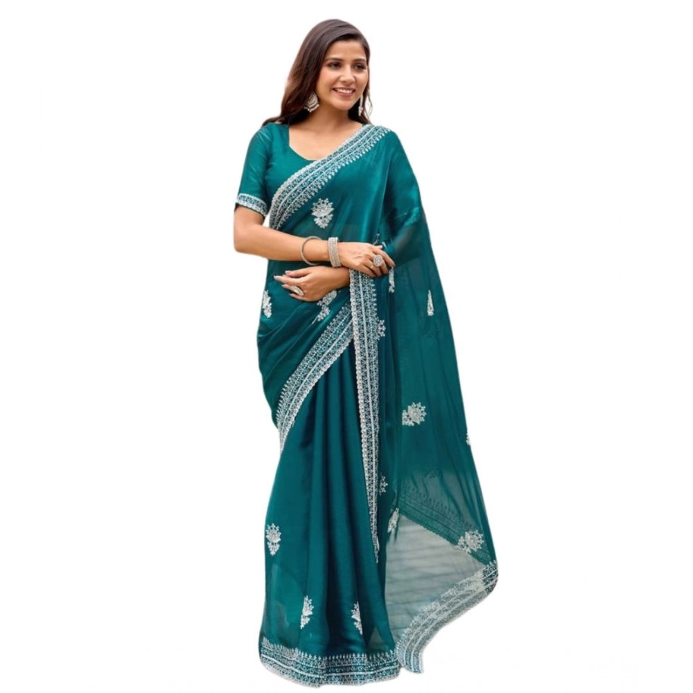 Generic Women's Faux Shimmer Floral Embroidery Ready to wear Saree With Unstitched Blouse 5.5Mtr (Teal)