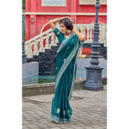 Generic Women's Faux Shimmer Floral Embroidery Ready to wear Saree With Unstitched Blouse 5.5Mtr (Teal)