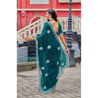 Generic Women's Faux Shimmer Floral Embroidery Ready to wear Saree With Unstitched Blouse 5.5Mtr (Teal)