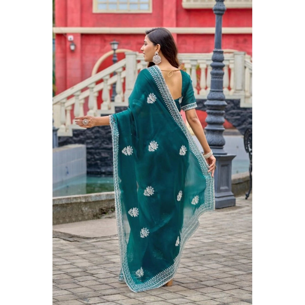 Generic Women's Faux Shimmer Floral Embroidery Ready to wear Saree With Unstitched Blouse 5.5Mtr (Teal)