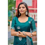 Generic Women's Faux Shimmer Floral Embroidery Ready to wear Saree With Unstitched Blouse 5.5Mtr (Teal)