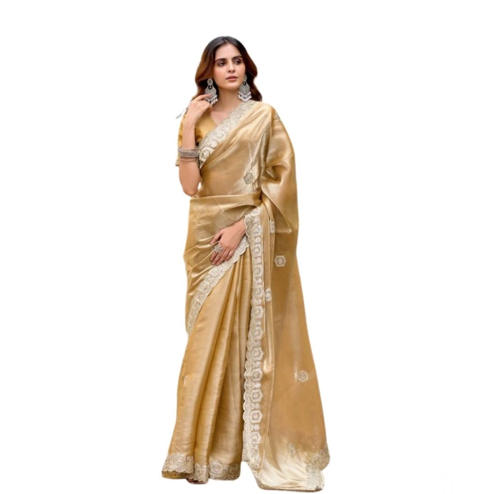 Generic Women's Faux Shimmer Geometric Ready to wear Saree With Unstitched Blouse 5.5Mtr (Beige)