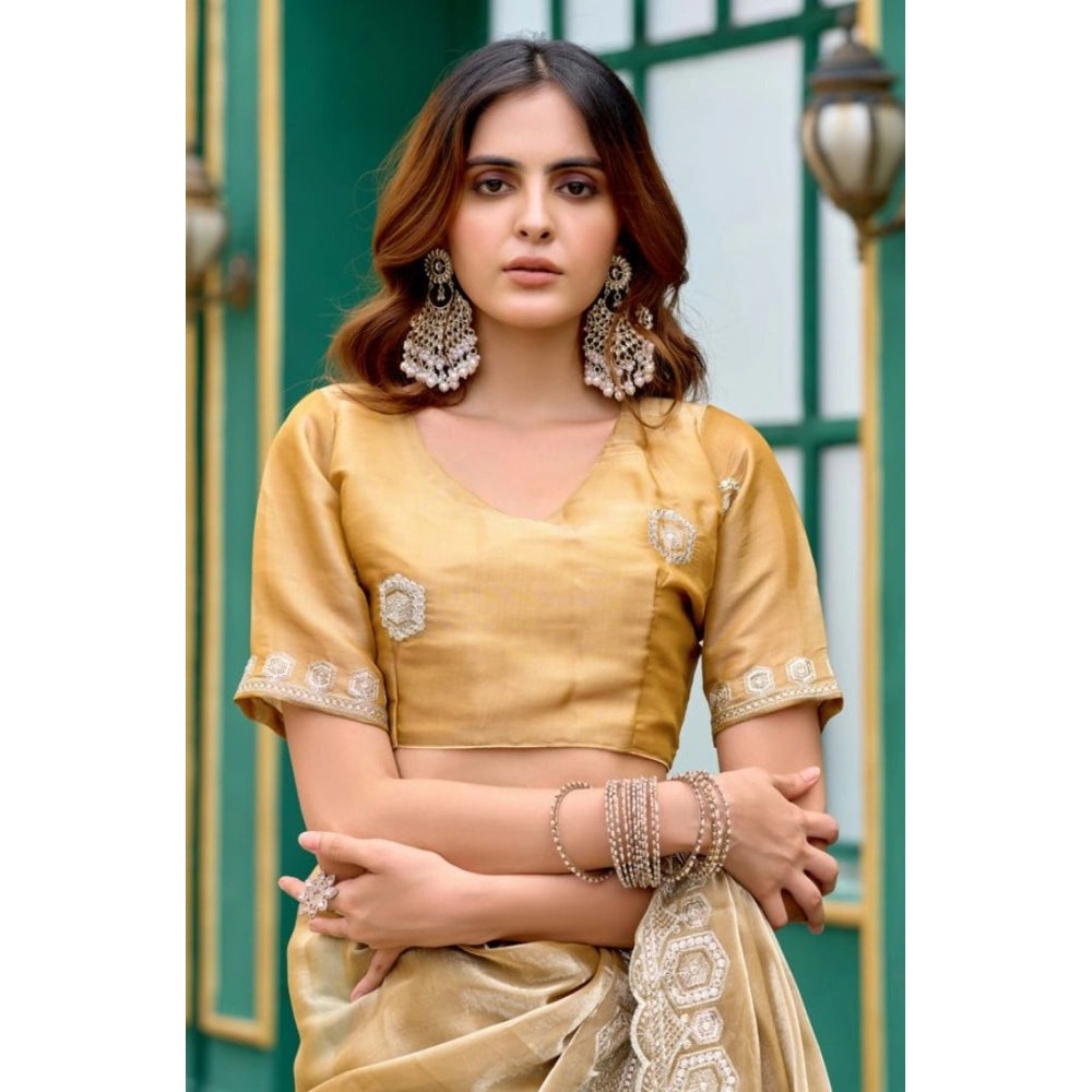 Generic Women's Faux Shimmer Geometric Ready to wear Saree With Unstitched Blouse 5.5Mtr (Beige)