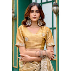 Generic Women's Faux Shimmer Geometric Ready to wear Saree With Unstitched Blouse 5.5Mtr (Beige)