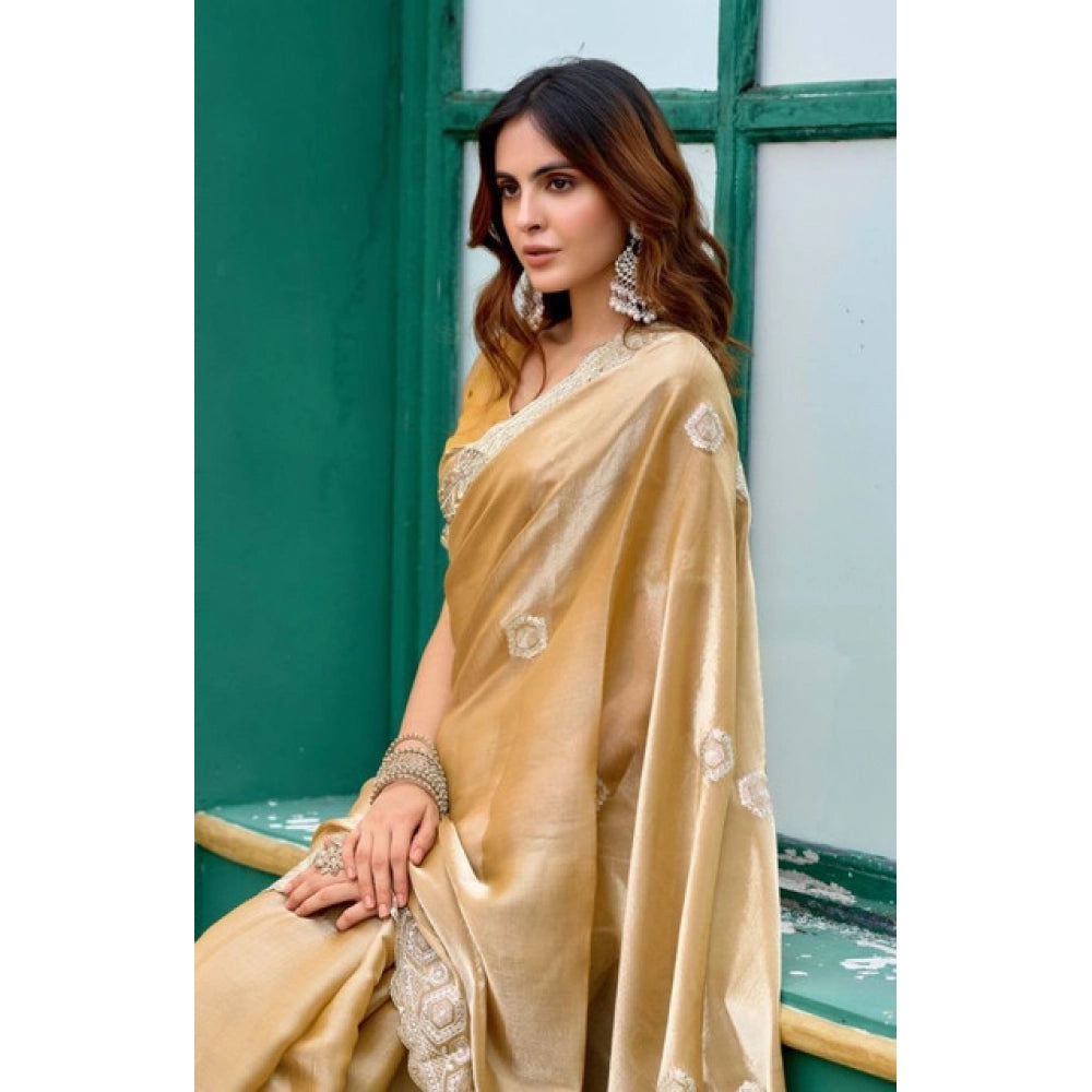 Generic Women's Faux Shimmer Geometric Ready to wear Saree With Unstitched Blouse 5.5Mtr (Beige)