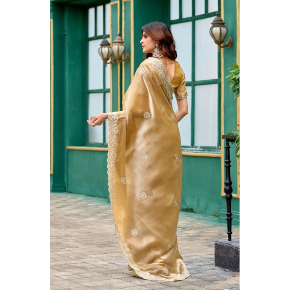 Generic Women's Faux Shimmer Geometric Ready to wear Saree With Unstitched Blouse 5.5Mtr (Beige)