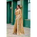 Generic Women's Faux Shimmer Geometric Ready to wear Saree With Unstitched Blouse 5.5Mtr (Beige)