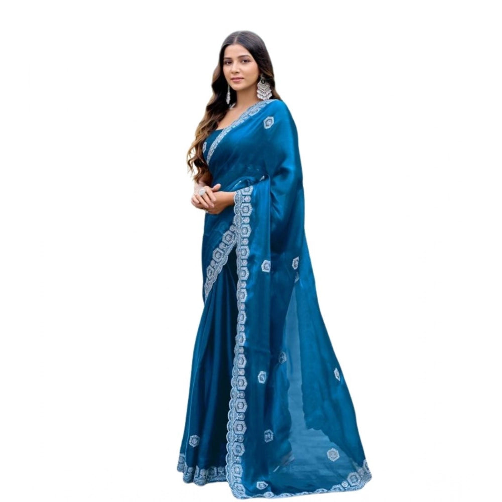 Generic Women's Faux Shimmer Geometric Ready to wear Saree With Unstitched Blouse 5.5Mtr (Blue)
