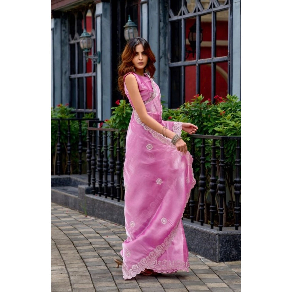 Generic Women's Faux Shimmer Geometric Ready to wear Saree With Unstitched Blouse 5.5Mtr (LightPink)