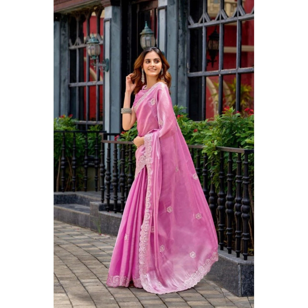 Generic Women's Faux Shimmer Geometric Ready to wear Saree With Unstitched Blouse 5.5Mtr (LightPink)