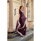 Generic Women's Faux Shimmer Geometric Ready to wear Saree With Unstitched Blouse 5.5Mtr (Wine)