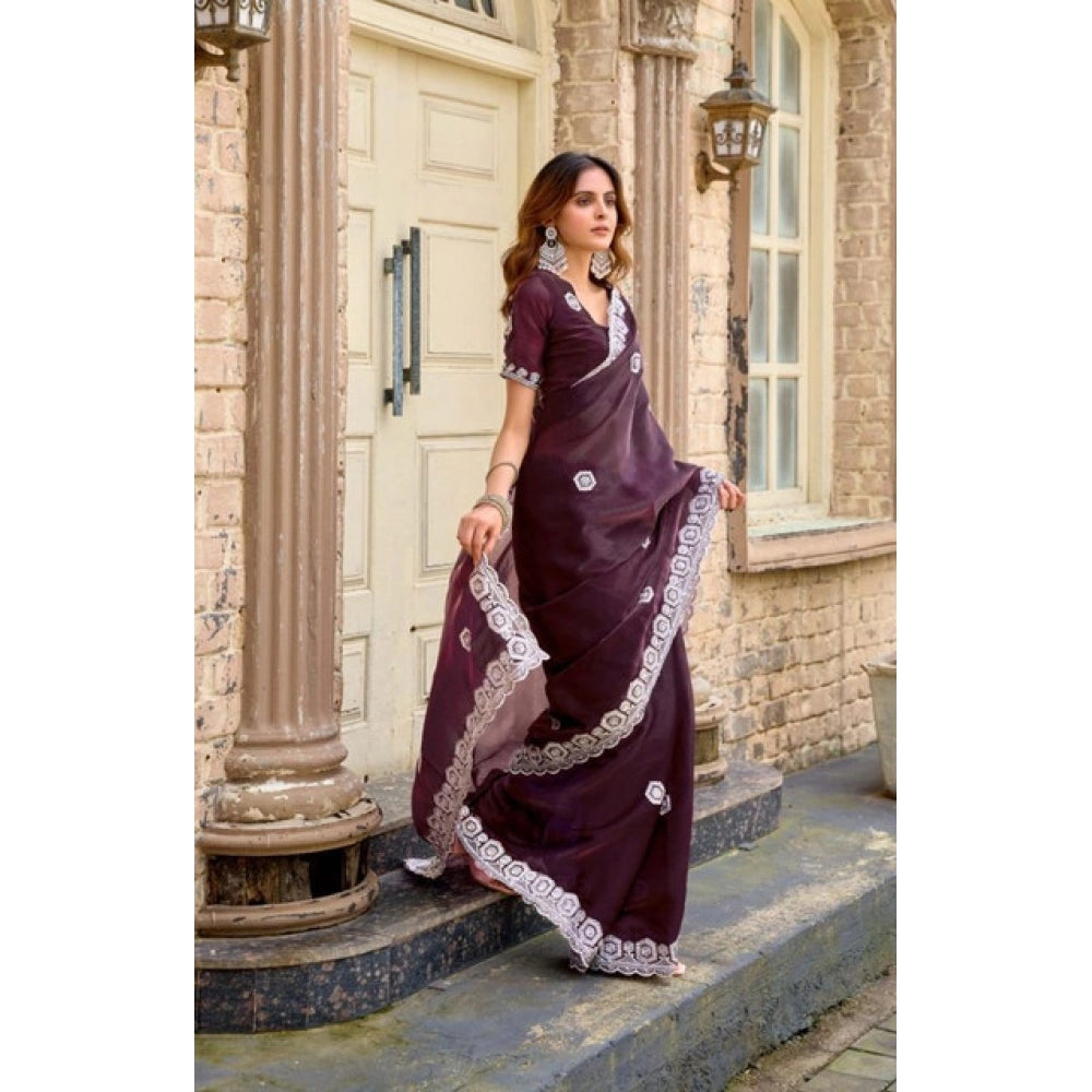 Generic Women's Faux Shimmer Geometric Ready to wear Saree With Unstitched Blouse 5.5Mtr (Wine)