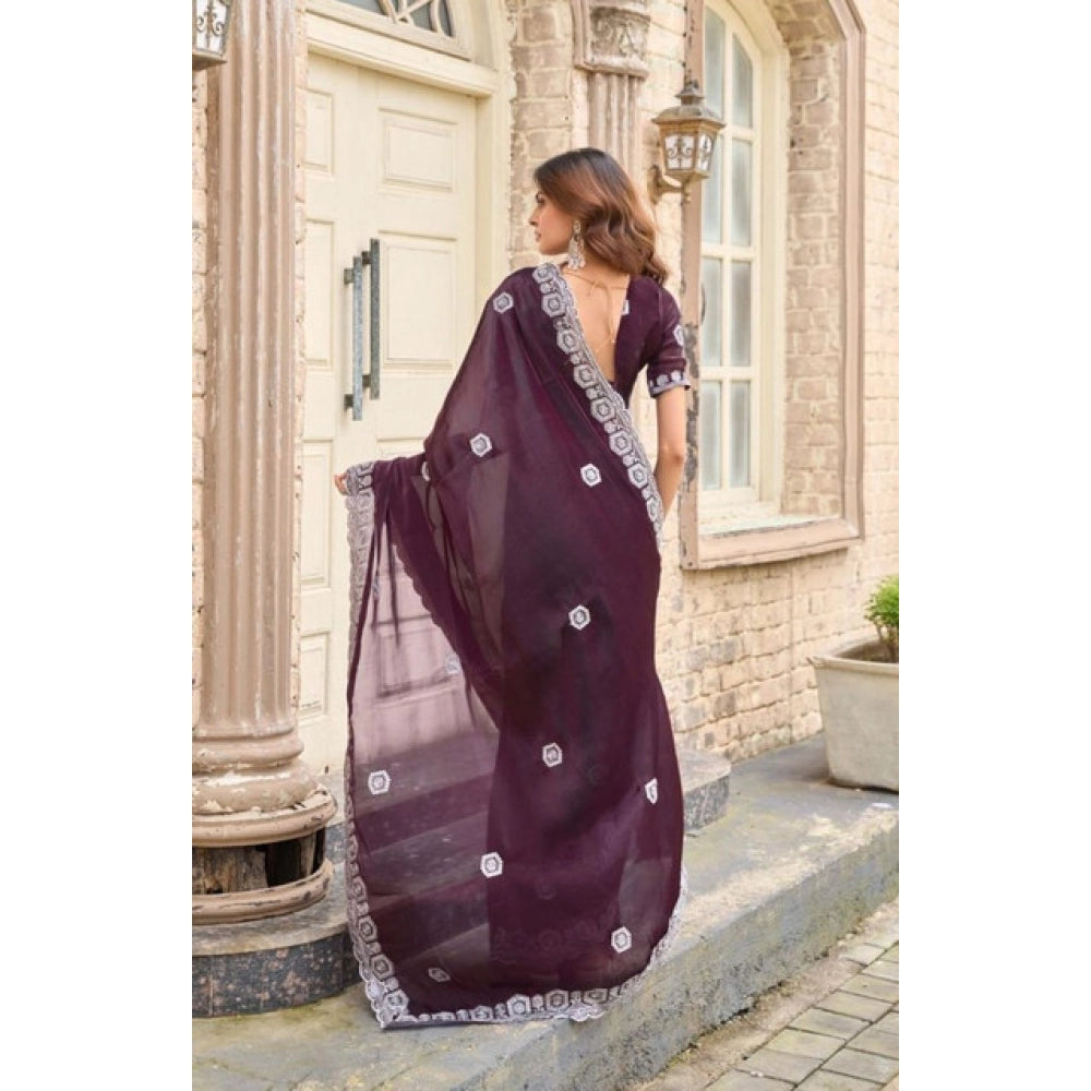 Generic Women's Faux Shimmer Geometric Ready to wear Saree With Unstitched Blouse 5.5Mtr (Wine)