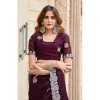 Generic Women's Faux Shimmer Geometric Ready to wear Saree With Unstitched Blouse 5.5Mtr (Wine)