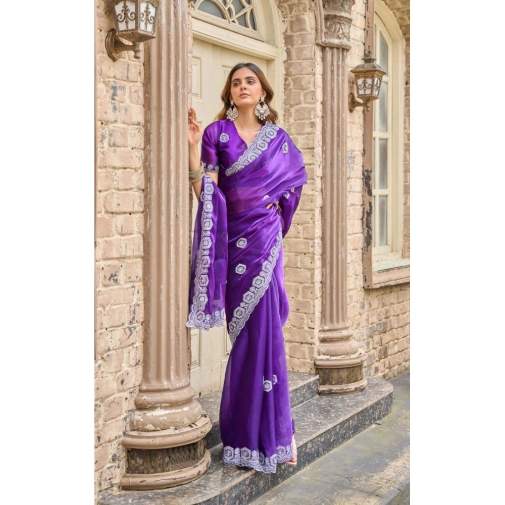 Generic Women's Faux Shimmer Geometric Ready to wear Saree With Unstitched Blouse 5.5Mtr (Purple)