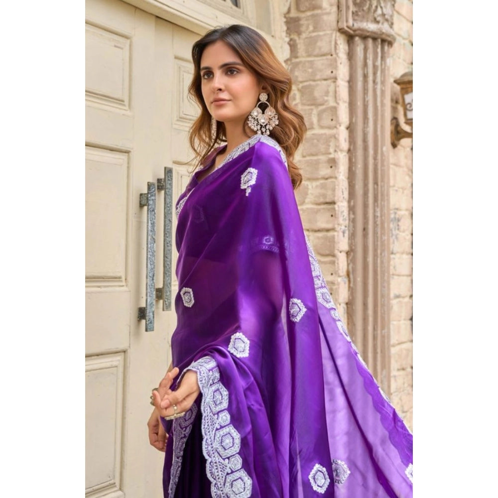 Generic Women's Faux Shimmer Geometric Ready to wear Saree With Unstitched Blouse 5.5Mtr (Purple)