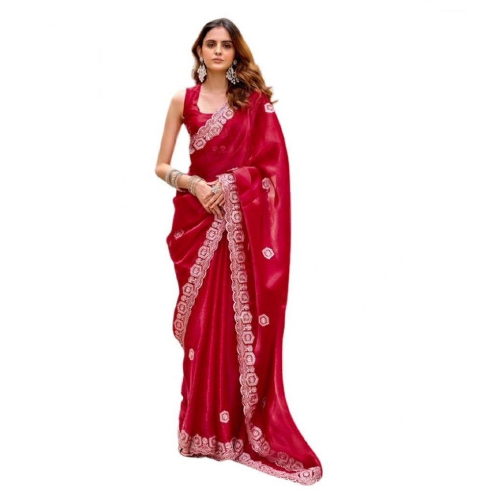 Generic Women's Faux Shimmer Geometric Ready to wear Saree With Unstitched Blouse 5.5Mtr (Red)
