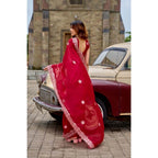 Generic Women's Faux Shimmer Geometric Ready to wear Saree With Unstitched Blouse 5.5Mtr (Red)