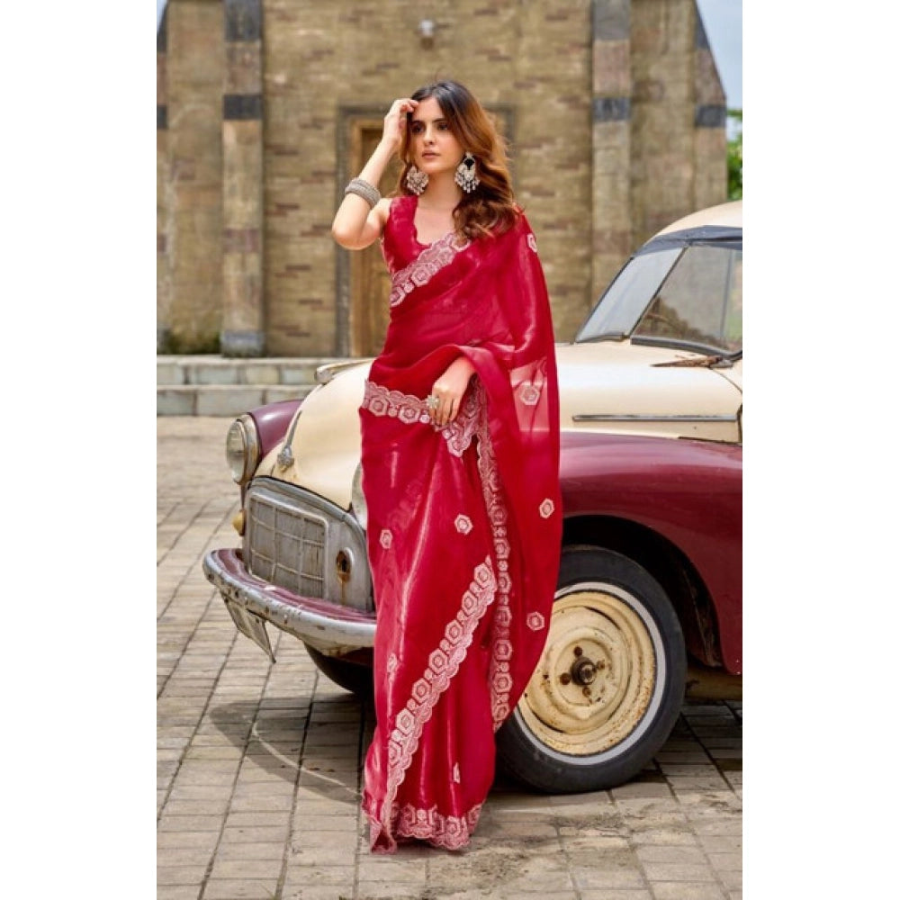 Generic Women's Faux Shimmer Geometric Ready to wear Saree With Unstitched Blouse 5.5Mtr (Red)