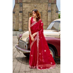 Generic Women's Faux Shimmer Geometric Ready to wear Saree With Unstitched Blouse 5.5Mtr (Red)