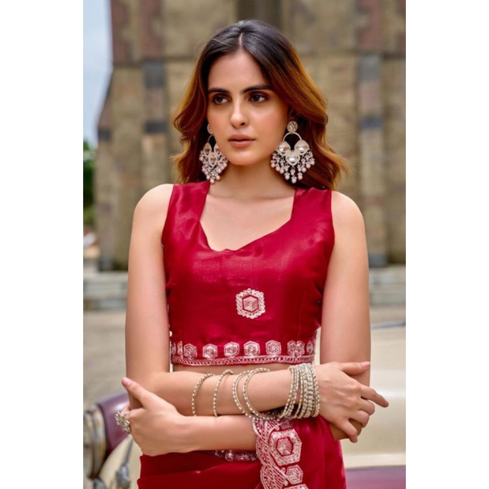 Generic Women's Faux Shimmer Geometric Ready to wear Saree With Unstitched Blouse 5.5Mtr (Red)
