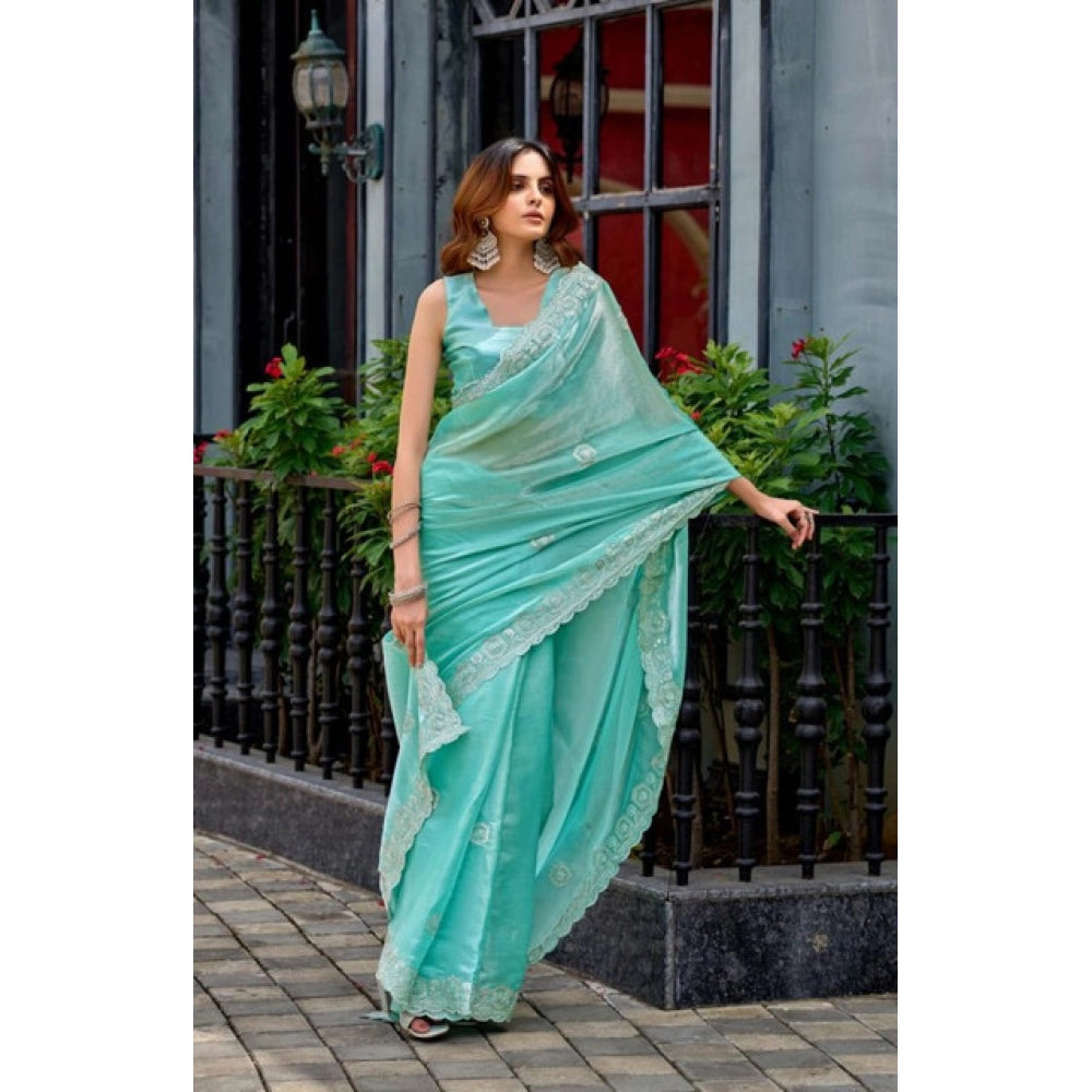 Generic Women's Faux Shimmer Geometric Ready to wear Saree With Unstitched Blouse 5.5Mtr (Light_AquaBlue)