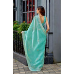 Generic Women's Faux Shimmer Geometric Ready to wear Saree With Unstitched Blouse 5.5Mtr (Light_AquaBlue)