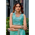 Generic Women's Faux Shimmer Geometric Ready to wear Saree With Unstitched Blouse 5.5Mtr (Light_AquaBlue)