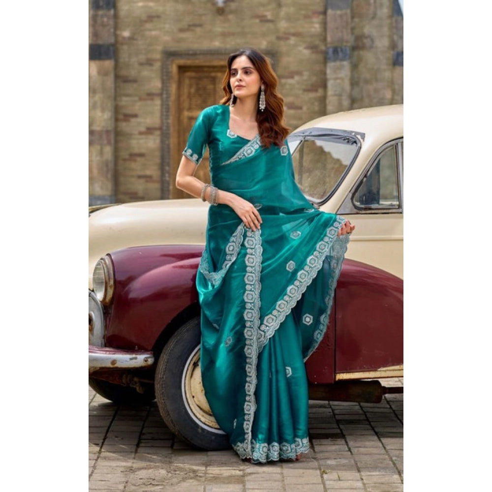 Generic Women's Faux Shimmer Geometric Ready to wear Saree With Unstitched Blouse 5.5Mtr (Teal)
