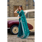 Generic Women's Faux Shimmer Geometric Ready to wear Saree With Unstitched Blouse 5.5Mtr (Teal)