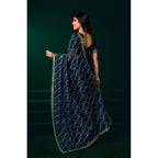 Generic Women's Net Sequence Saree With Unstitched Blouse 5.5Mtr (Blue)